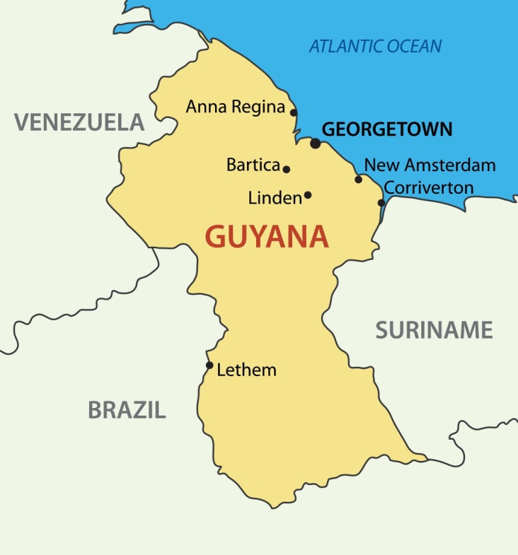 A map of Guyana showing its bordering countries