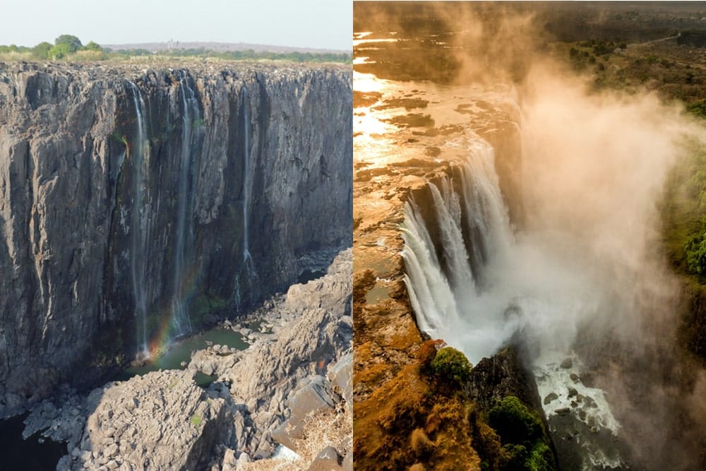 The Victoria Falls during a drought compared to normal