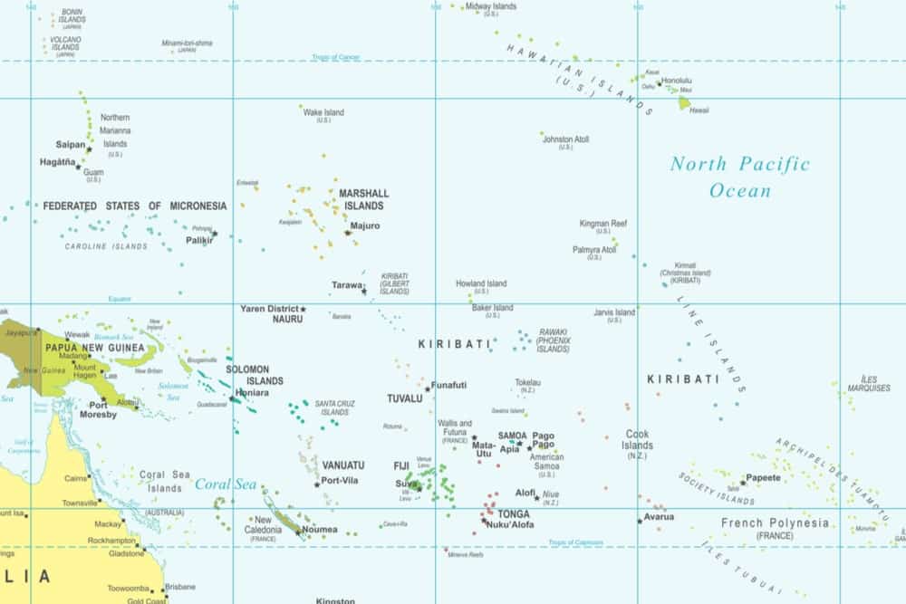 Map of Kiribati showing it falls into all four hemispheres 