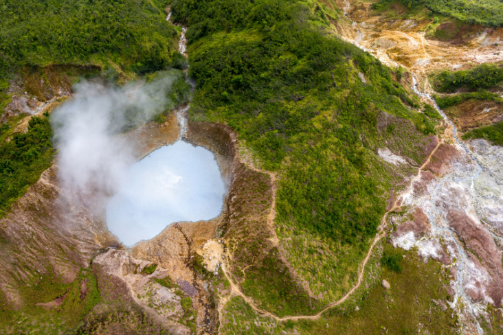 A drone shot of the boiling lake in Dominica 