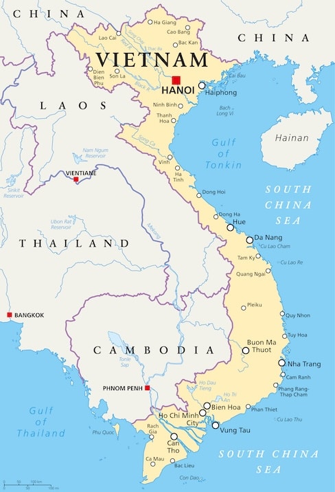A map of Vietnam showing its shape and location in Southeast Asia