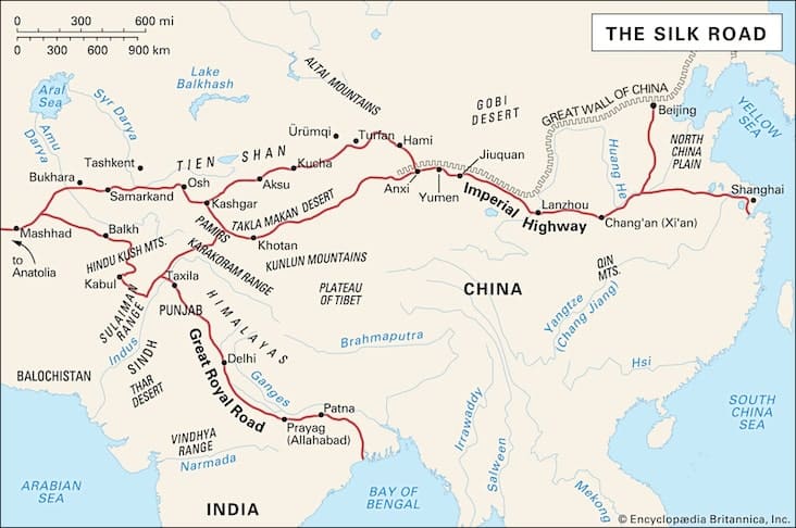 Map of the locations and countries along the Silk Road