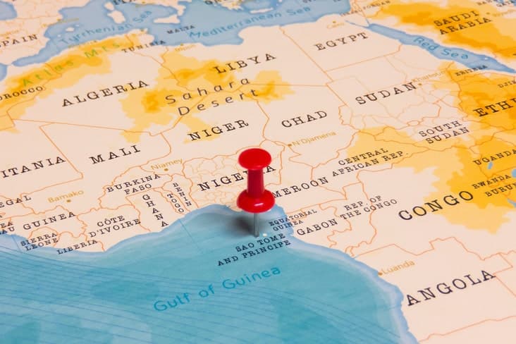 a map of São Tomé and Príncipe with a pin in its location