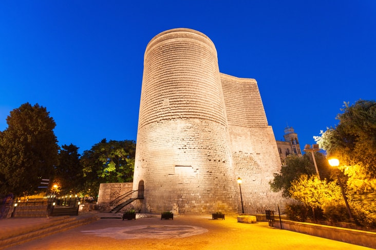 Maiden Tower in Baku illuminated at night