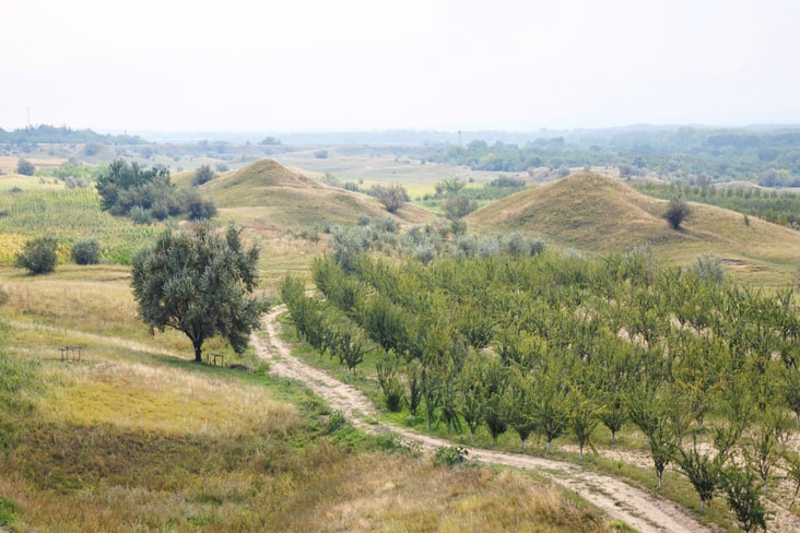 A green landscape showing several hills or mounds