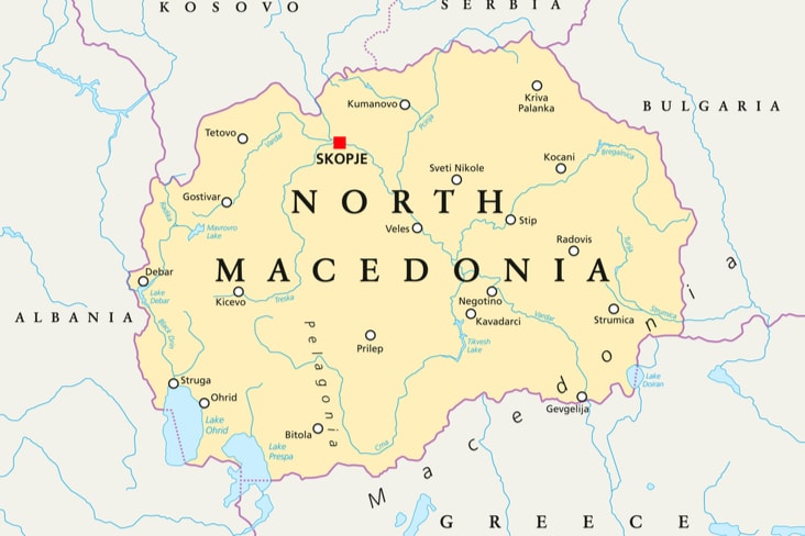 A map of North Macedonia and its bordering countries