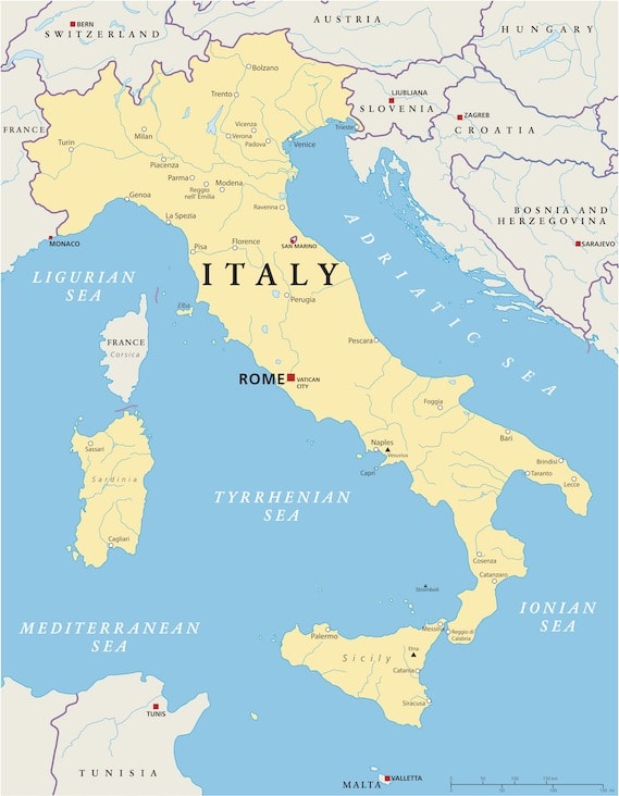 A map of Italy showing the location of San Marino and Vatican City, two of the world's three enclave countries