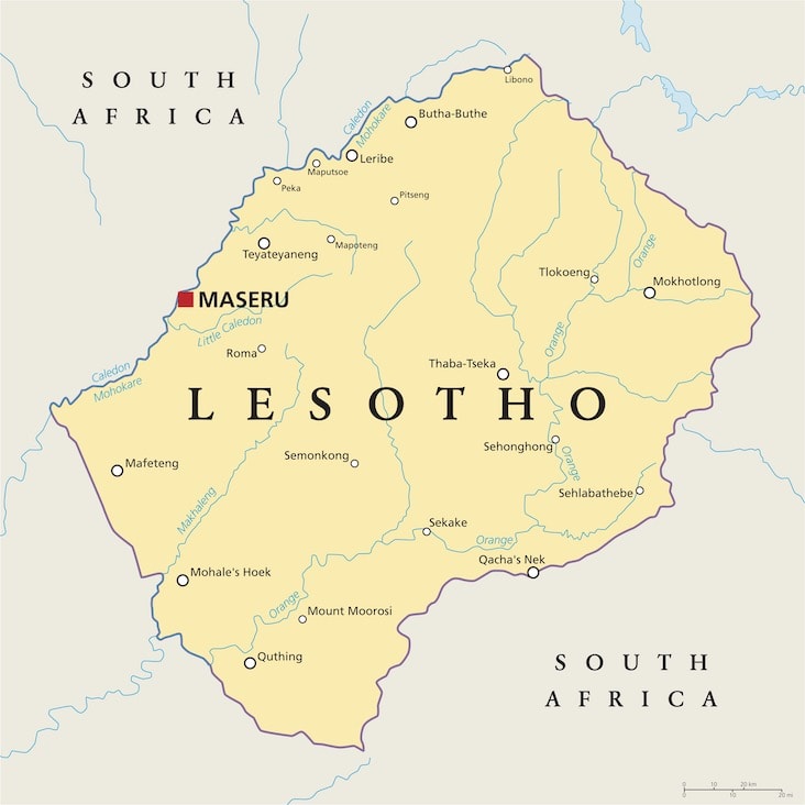 A map of Lesotho, one of the world's three enclave countries