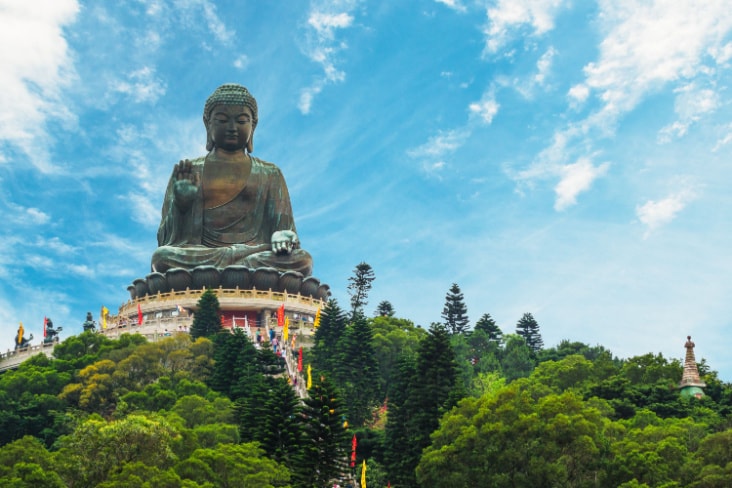 Looking up at the Big Buddha at Po Lin Monastery