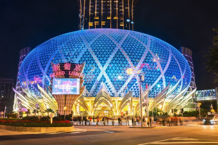 The Grand Lisboa Casino lit up at night