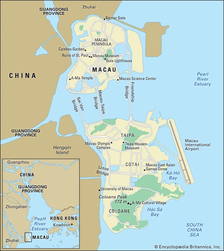 A map of Macau shoing the islands and reclaimed land