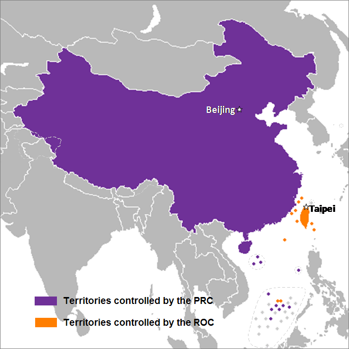 A map showing the territories of China and Taiwan