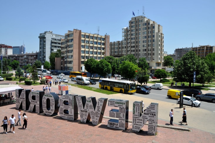 The Newborn Monument in Pristina seen from behind so the text is reversed