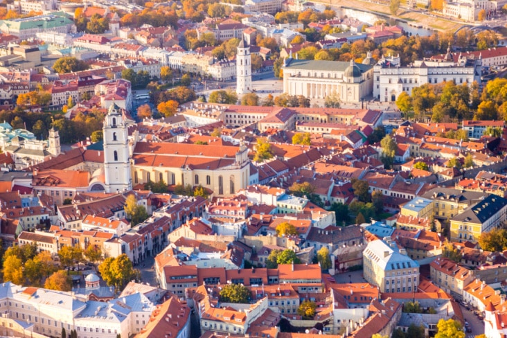 An aerial shot of the old town in Vilnius
