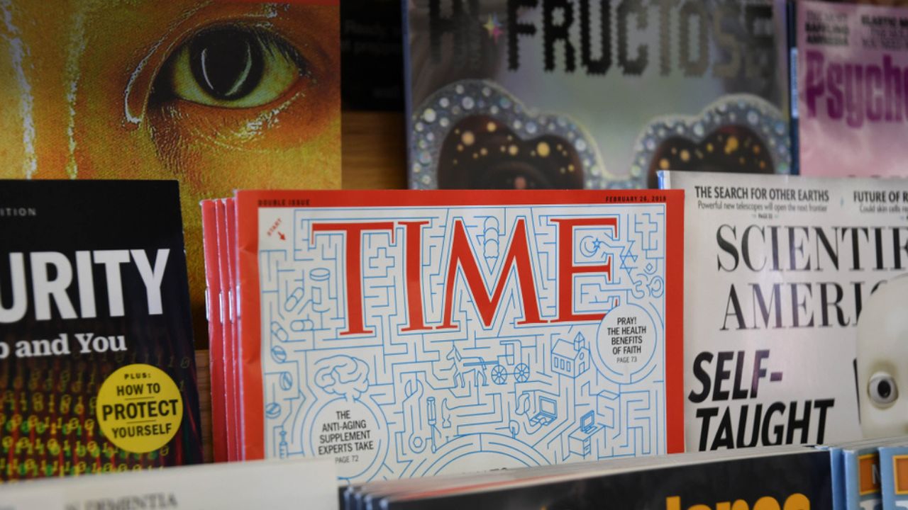 Time magazine sits in a rack