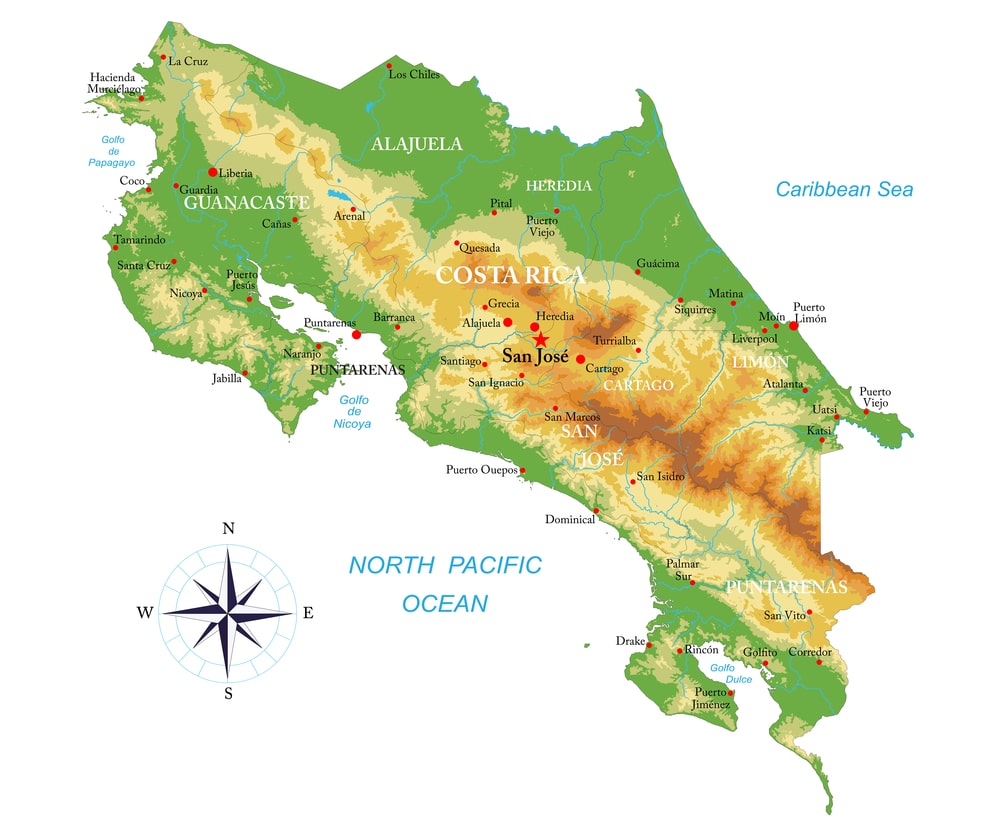 physical map of costa rica