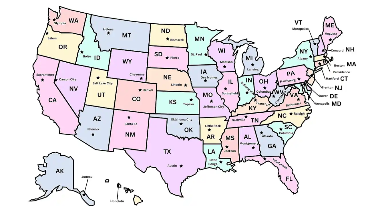 us states and capitals named map