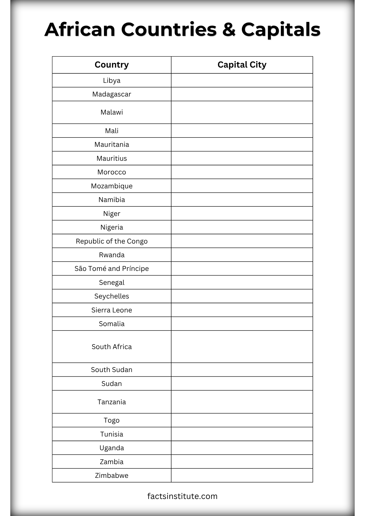 African countries and capitals worksheet 2