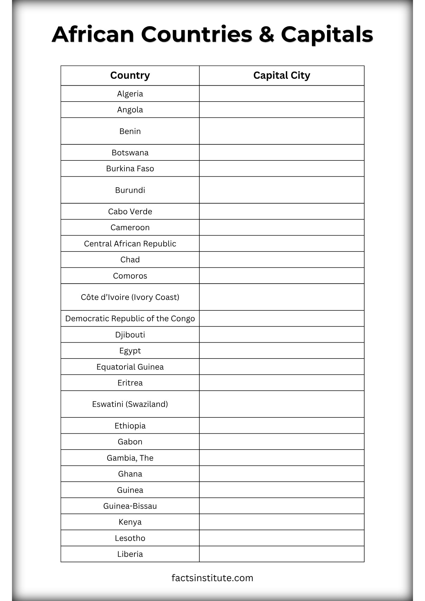 African countries and capitals worksheet