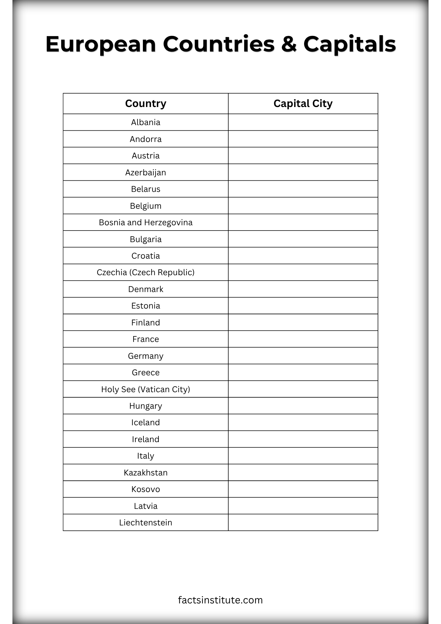 European countries and capitals blank worksheet