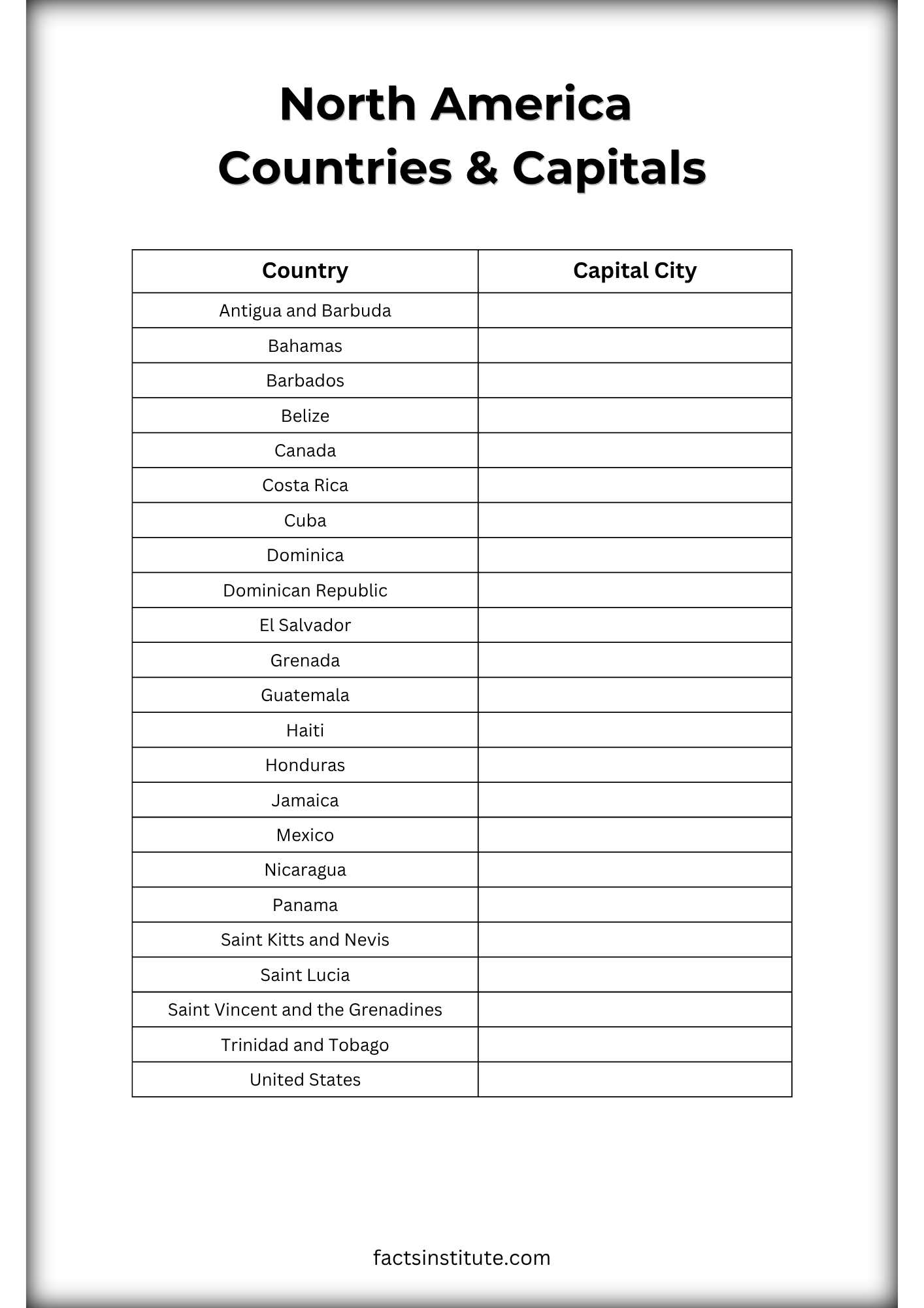 north america countries and capitals worksheet