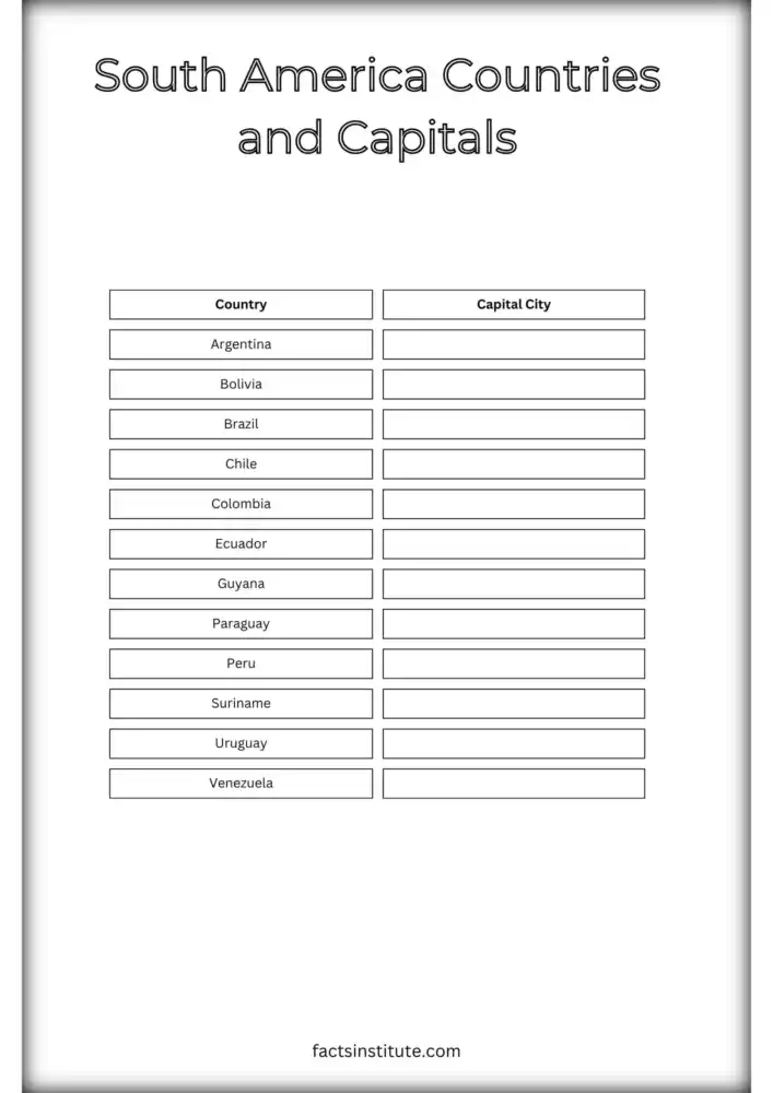 South America capital cities printable worksheet