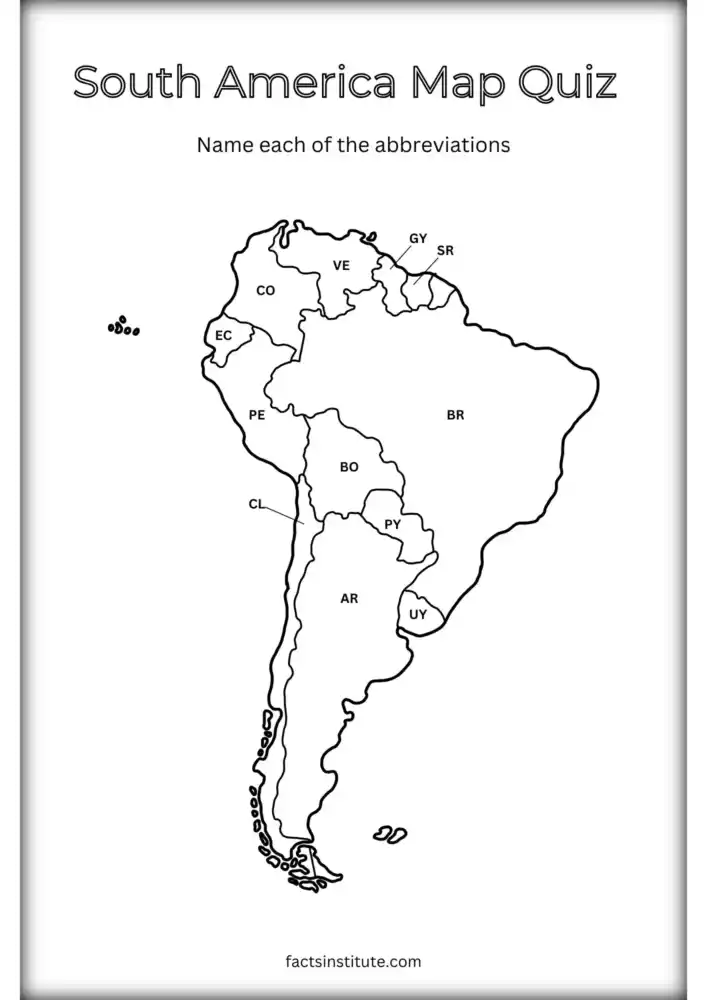 Printable map of South America labeled with abbreviations
