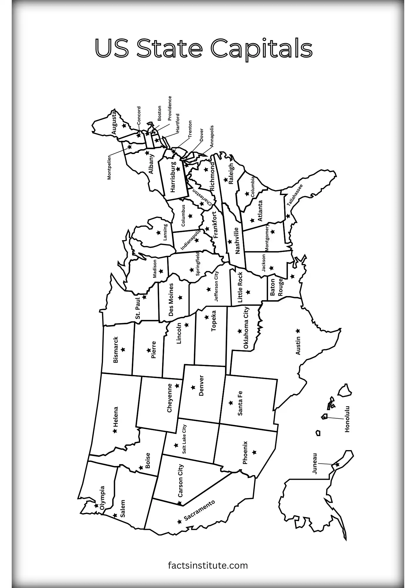 Printable state capitals map with names