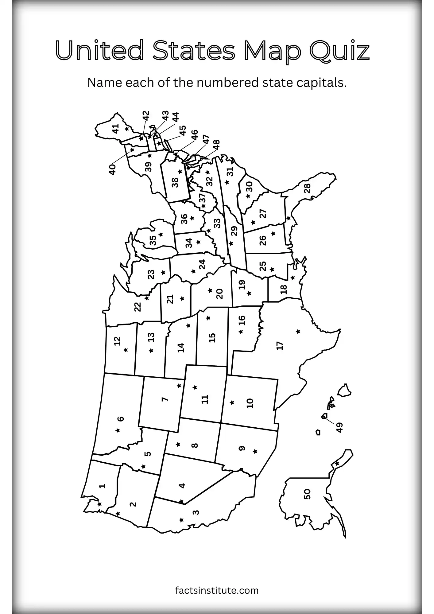 Printable state capitals map with numbers