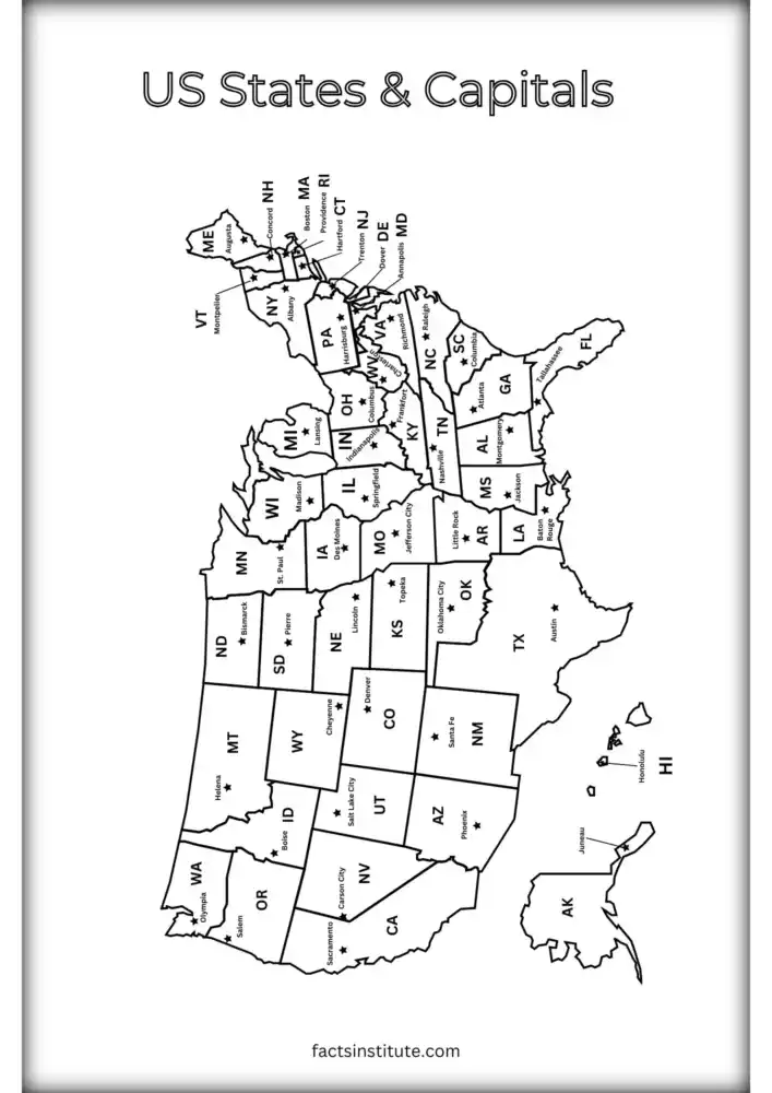 US states and capitals map (named)
