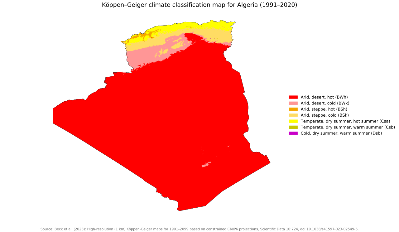 Köppen-Geiger climate map of Algeria, 1991–2020
