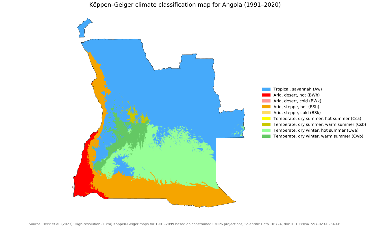 Köppen-Geiger climate map of Angola, 1991–2020