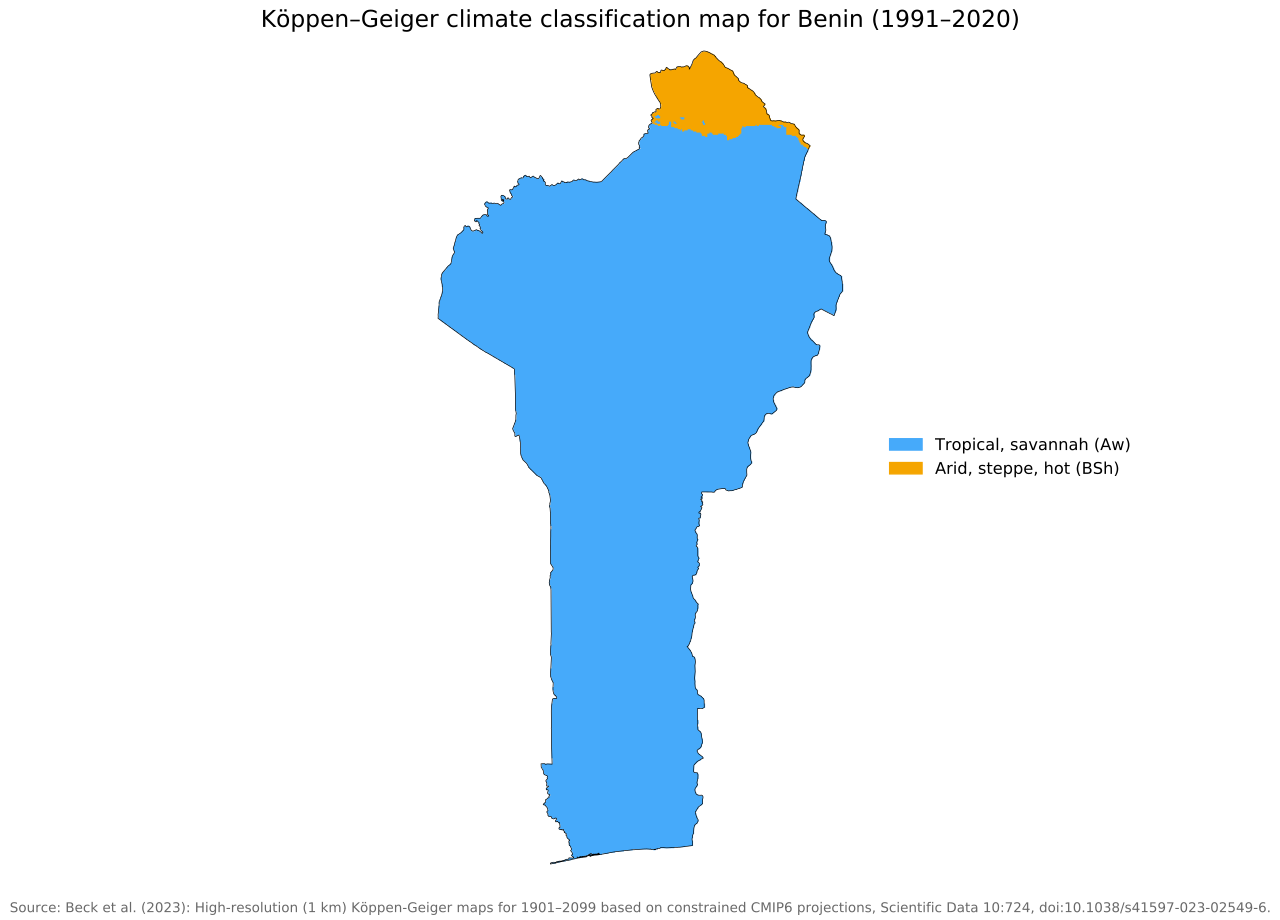Köppen-Geiger climate map of Benin, 1991–2020