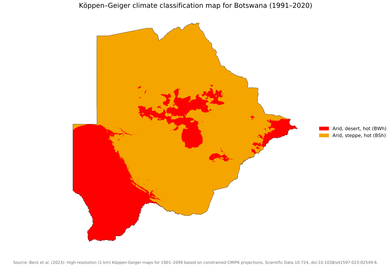 Köppen-Geiger climate map of Botswana, 1991–2020
