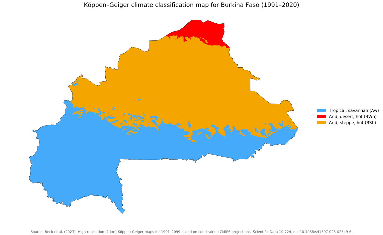 Köppen-Geiger climate map of Burkina Faso, 1991–2020