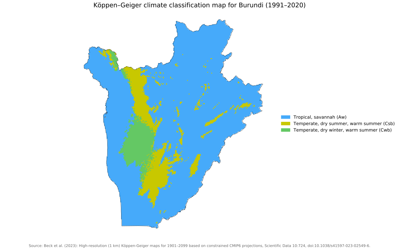 Köppen-Geiger climate map of Burundi, 1991–2020