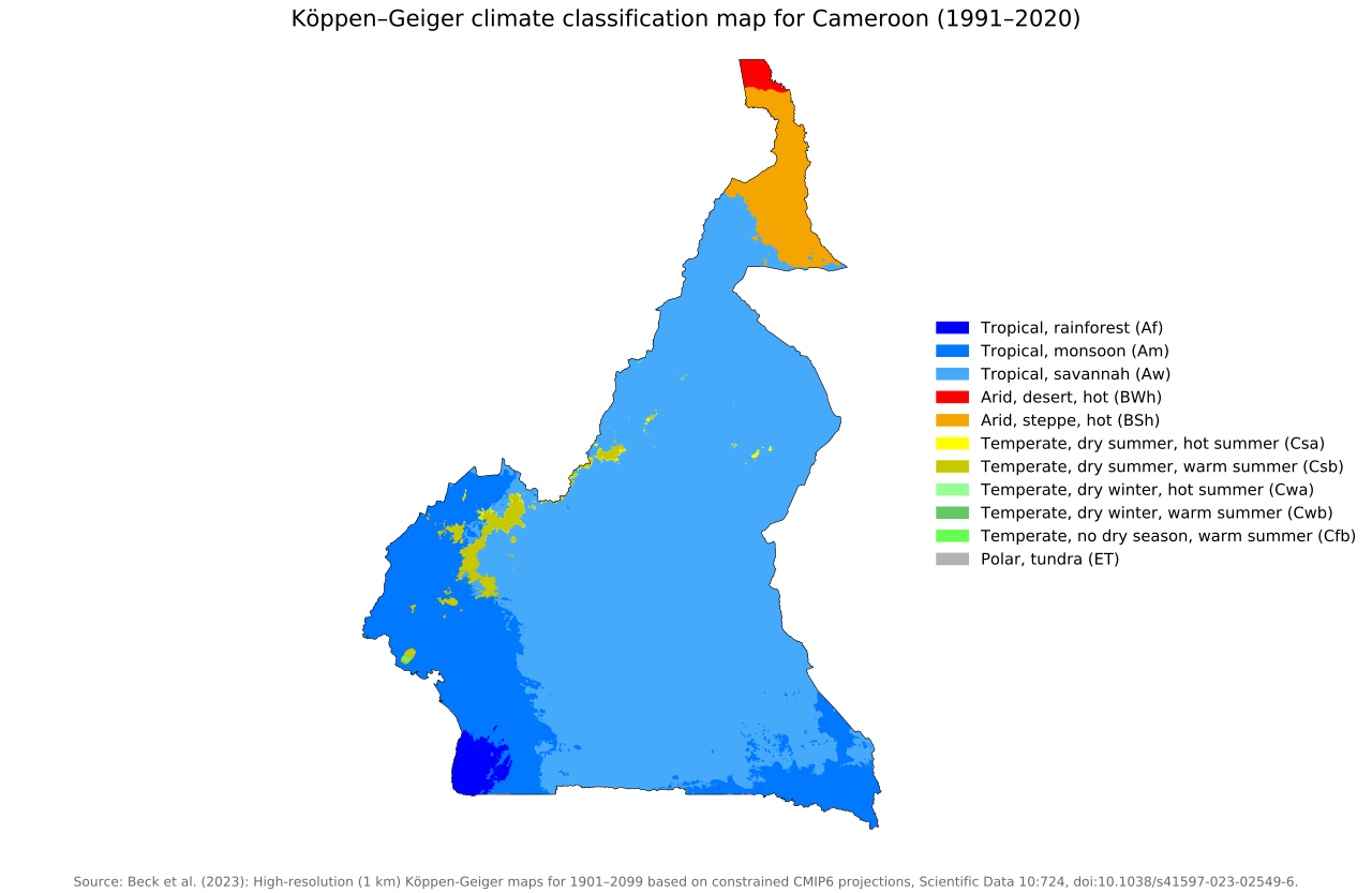 Köppen-Geiger climate map of Cameroon, 1991–2020