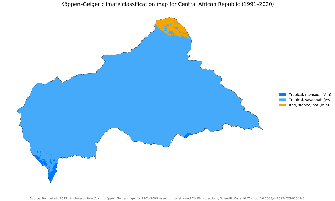 Köppen-Geiger climate map of Central African Republic, 1991–2020