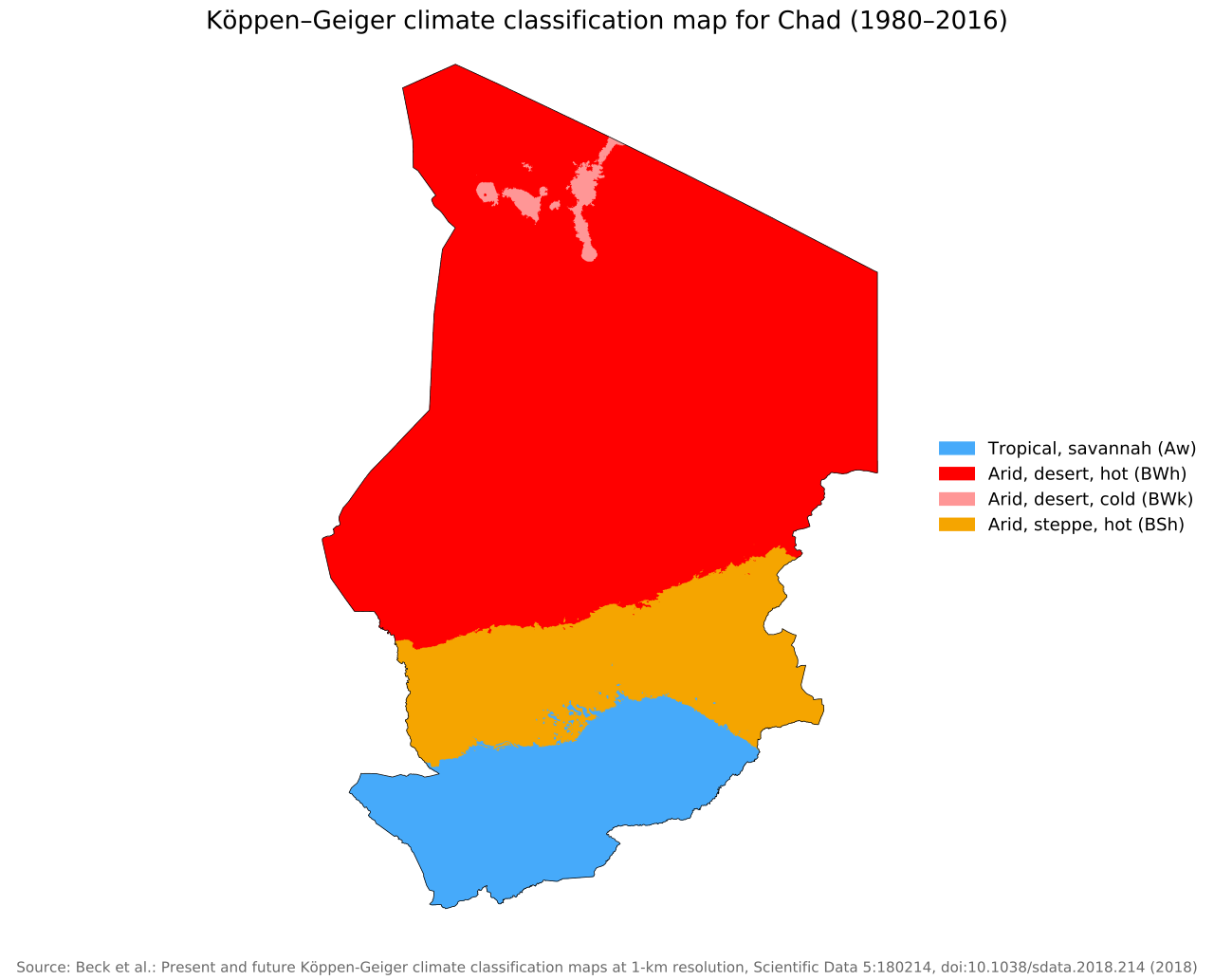 Köppen-Geiger climate map of Chad, 1991–2020